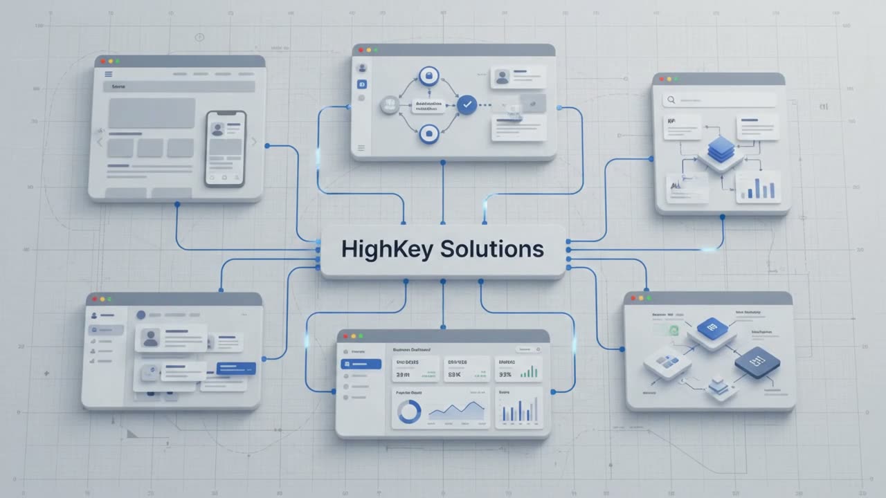 Interface panels for websites, automation, AI, dashboards, and support connecting to a central HighKey Solutions label.